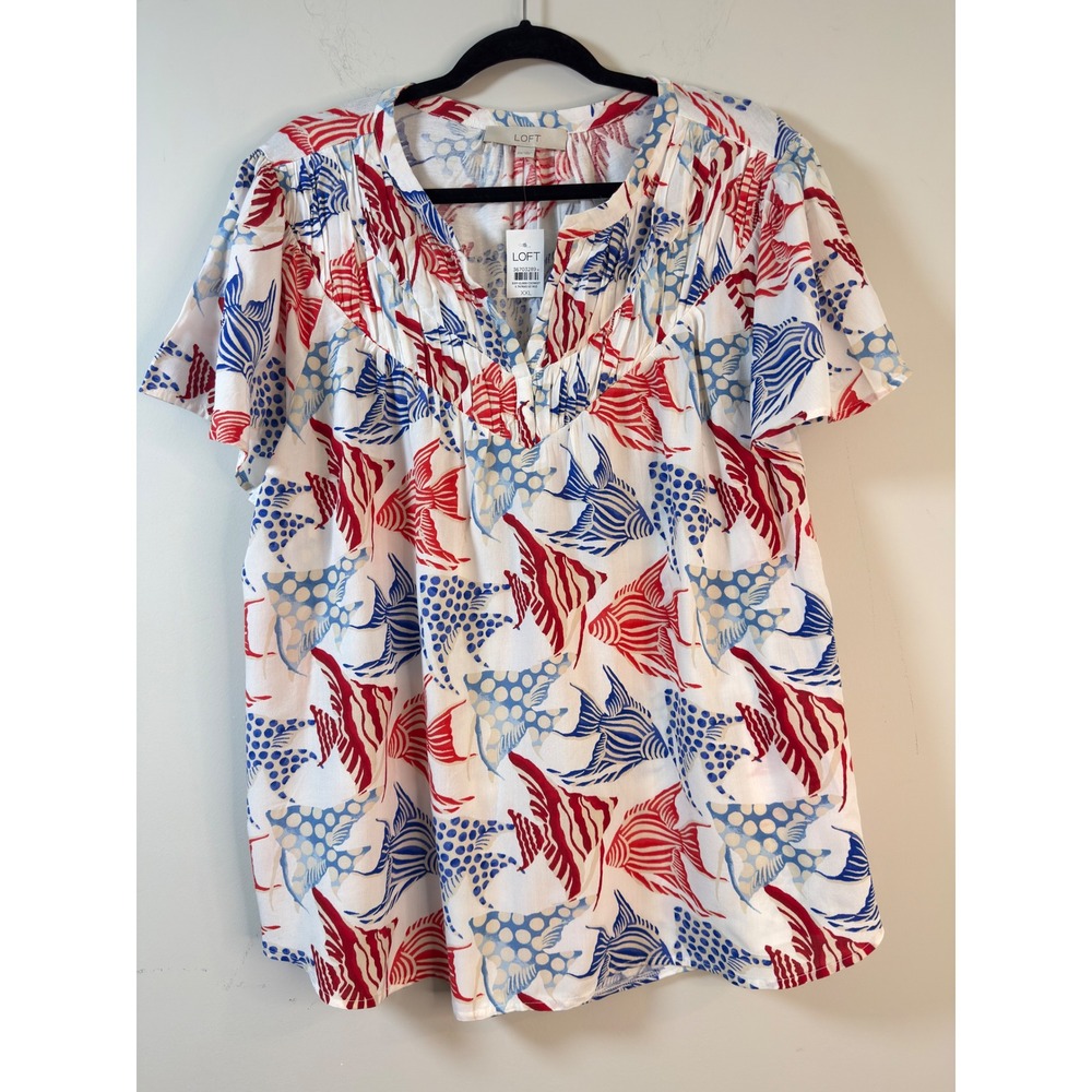 LOFT NWT Blouse White Red Blue Fish Print Flutter Sleeve V-Neck Women XXL